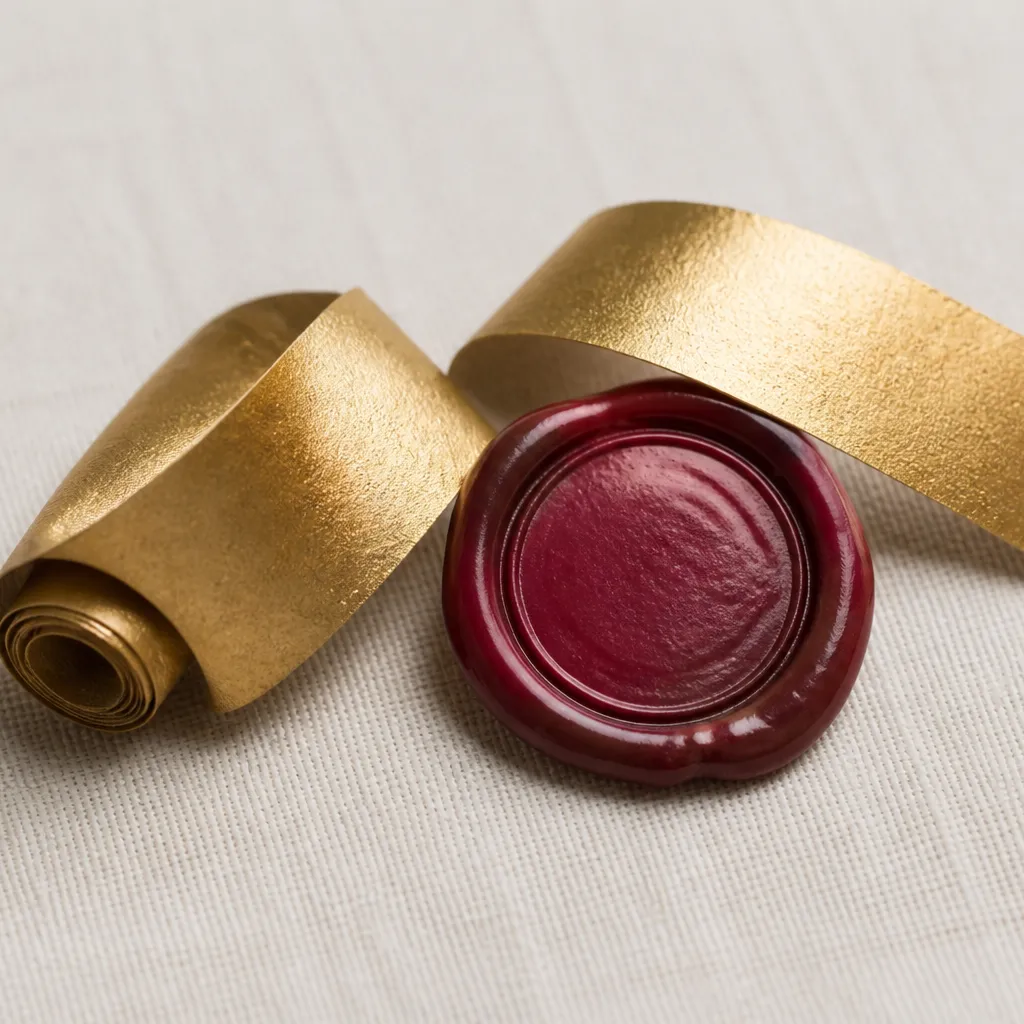 gold ribbon and burgundy wax seal on ivory linen